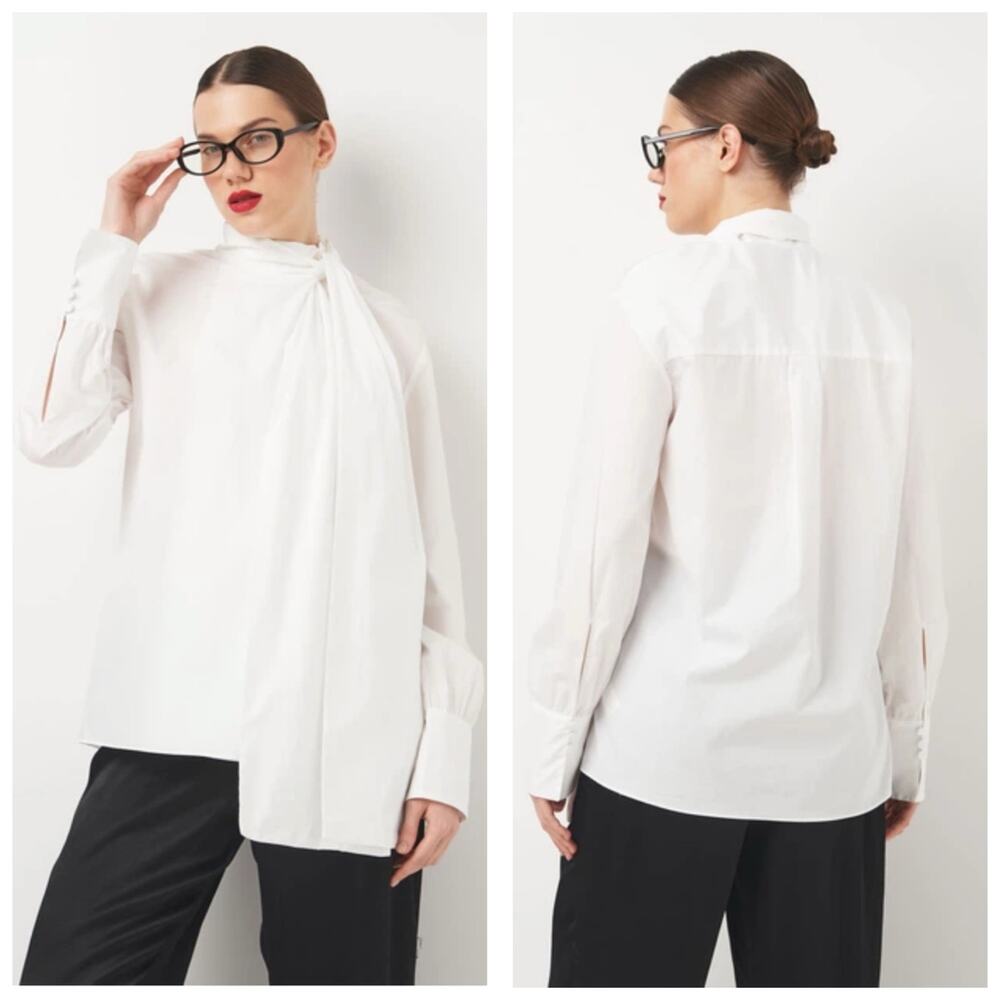 Zara White Poplin Tie Neck Oversized Blouse Size Small 8775/545 Chic Preppy